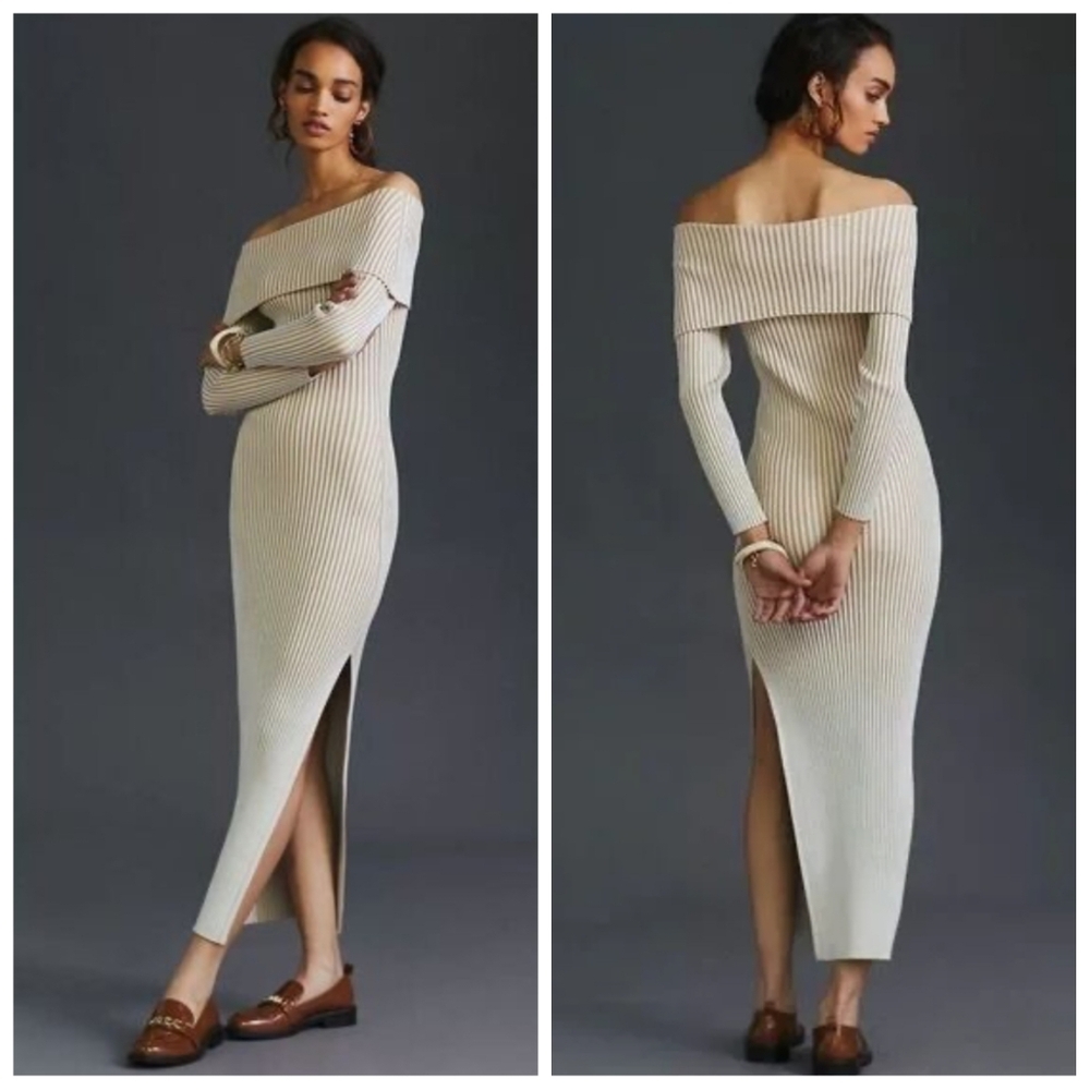 Anthropologie Off The Shoulder Ribbed Knit Sweater Dress XS